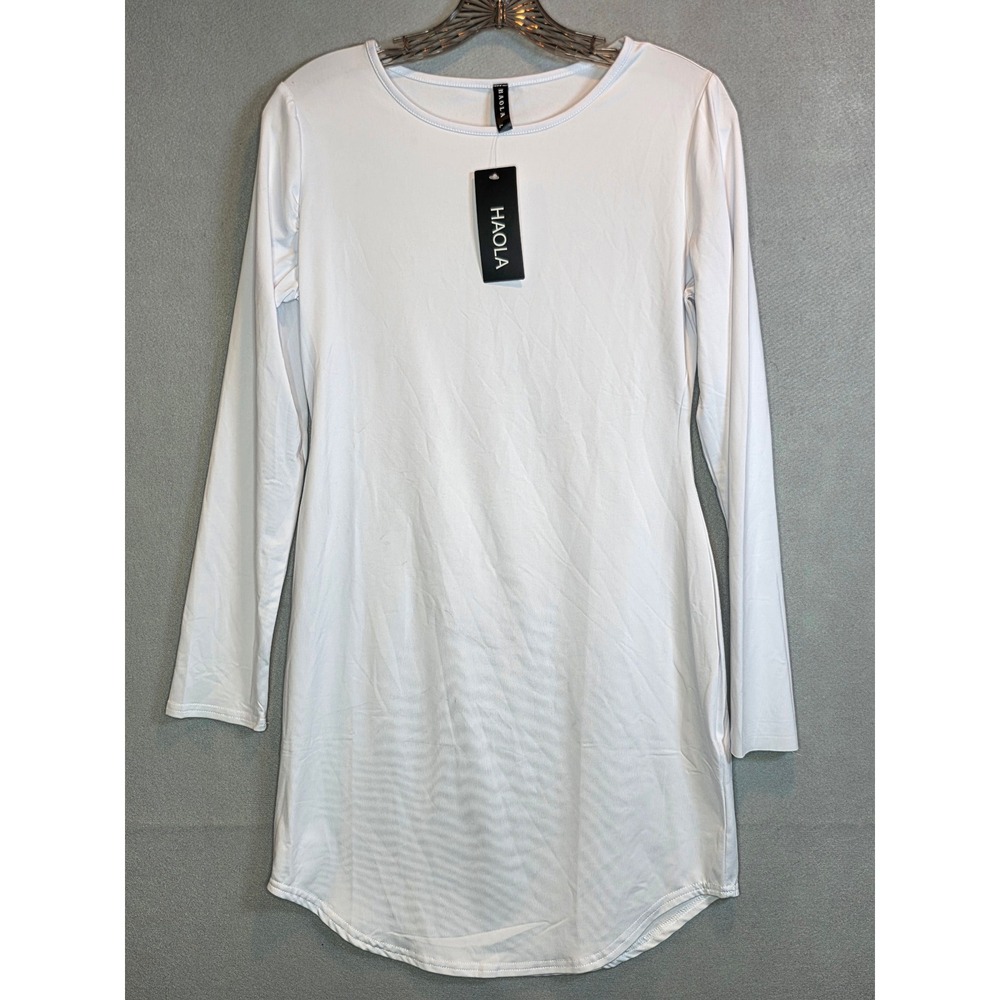 HAOLA White Long Sleeve Mini Dress Tunic Top Cotton Blend Size L Funny Tag